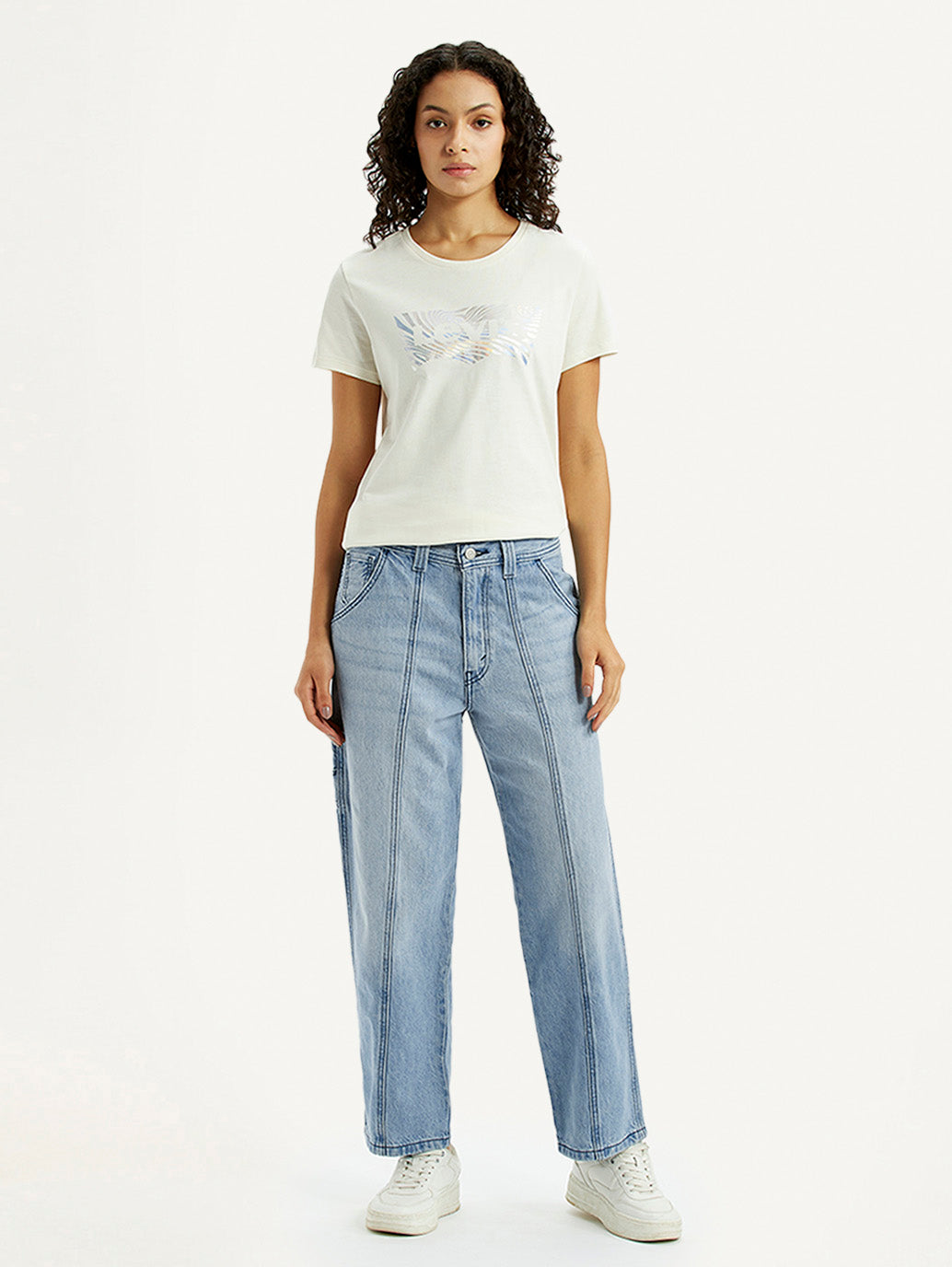 Women's Light Blue Baggy Loose Fit Carpenter Mid Rise Jeans