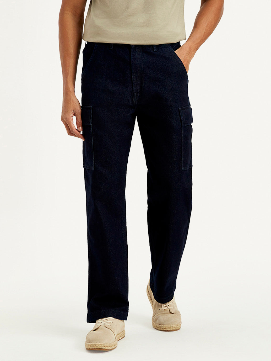 Men's Dark Indigo Tapered Fit Denim Cargo Trousers