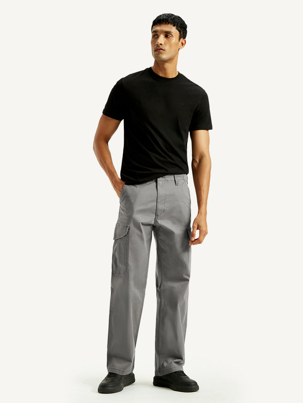 Men's Grey Baggy Fit Mid Rise Cargo Trousers