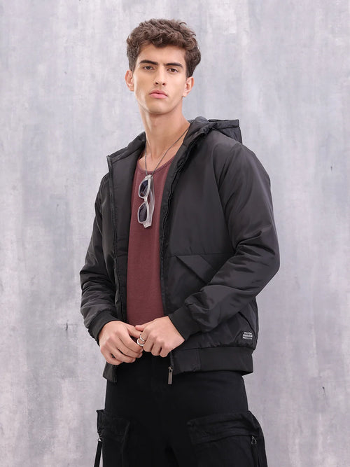Casual Street Look Black Hooded Bomber Jacket For Men | Black