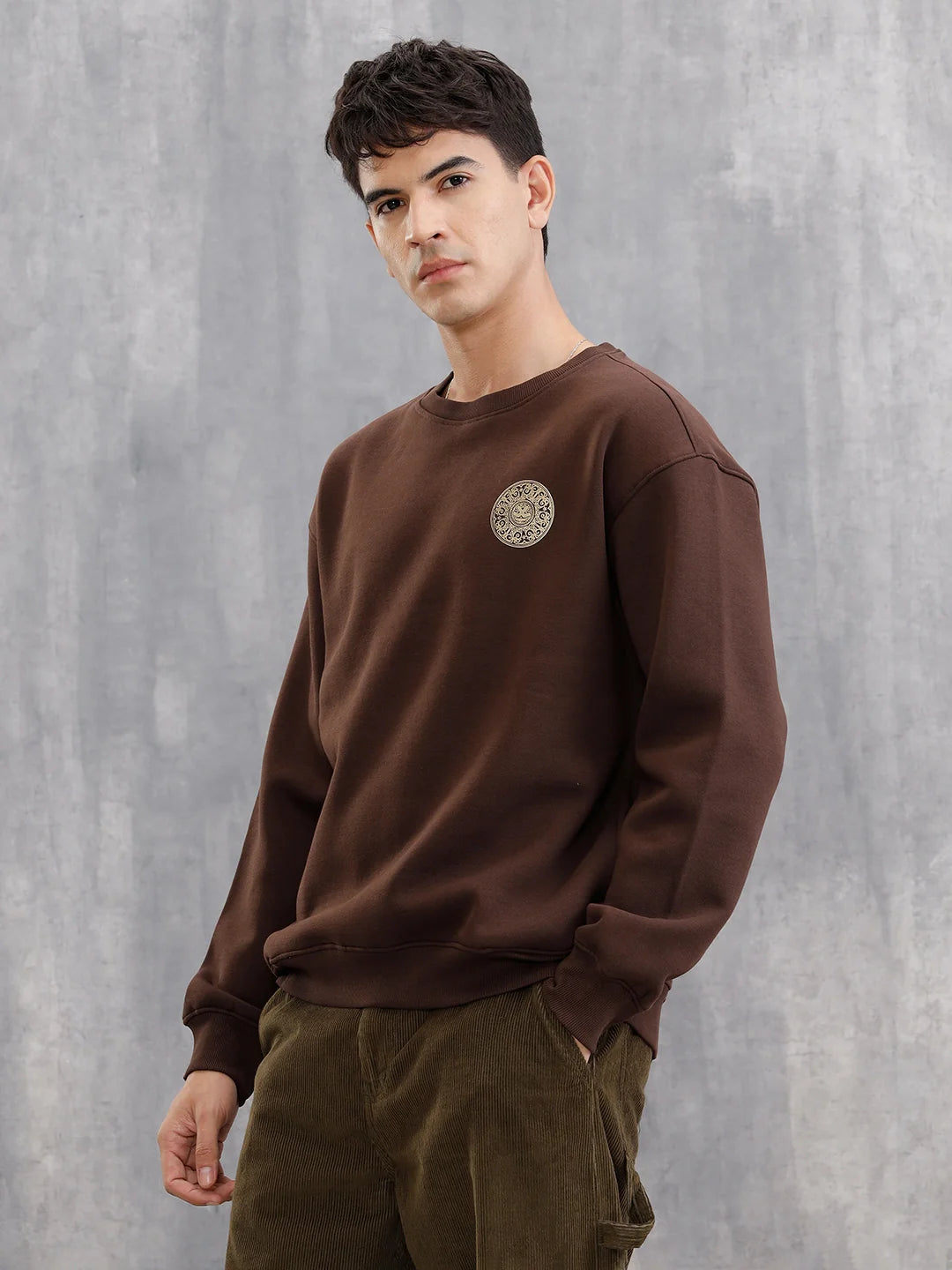 3D Gold Foil Printed Crew Pullover Sweat In Comfort Fit  |  Brown