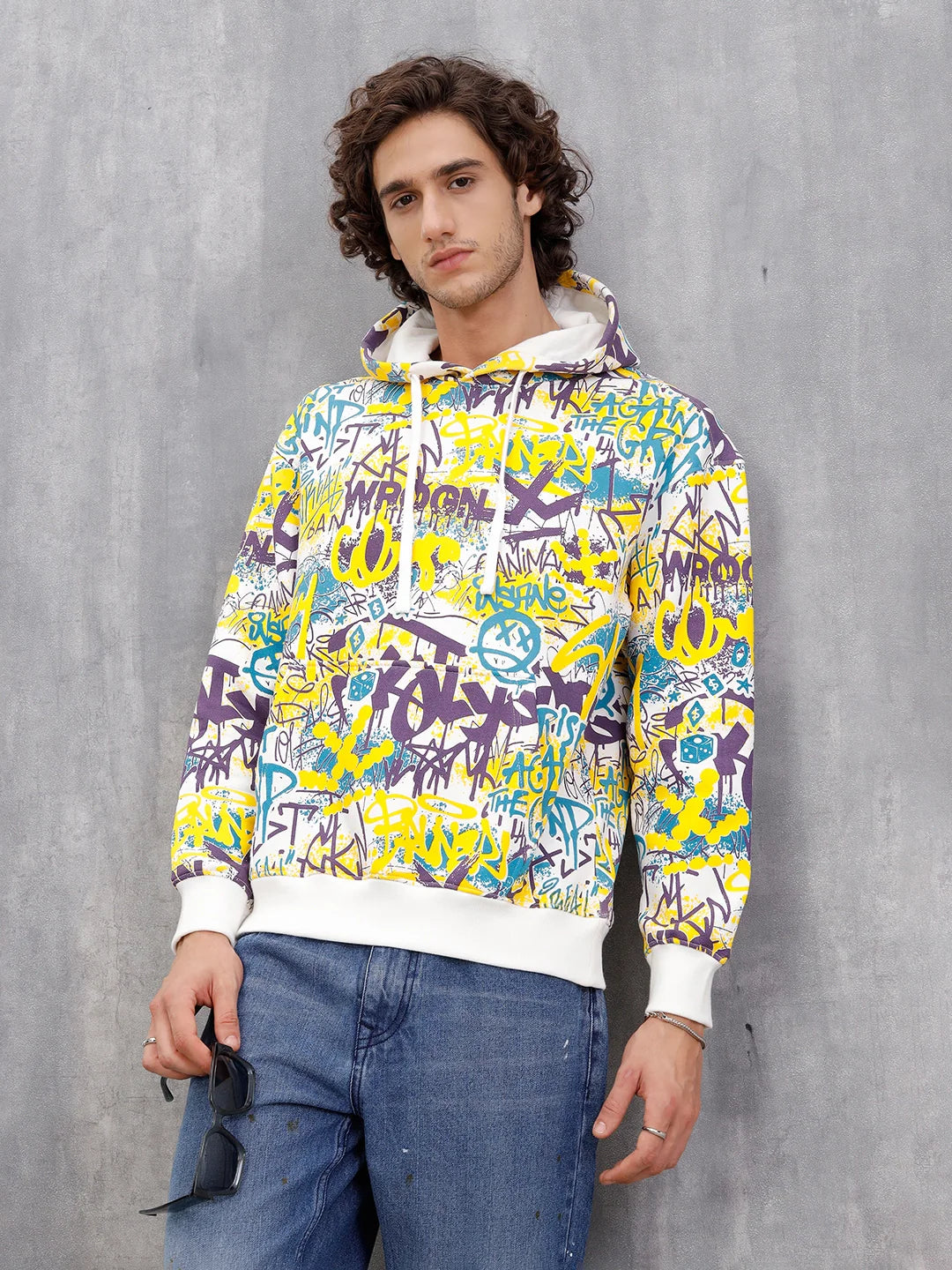 All Over Graffiti Print In Oversized Hoodie Pullover  |  Yellow