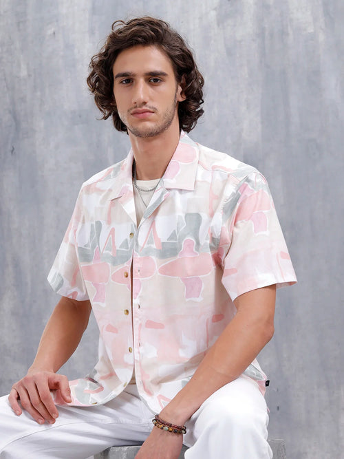 Abstract Aop Printed Comfort Fit Resort Collar Shirt | Pink