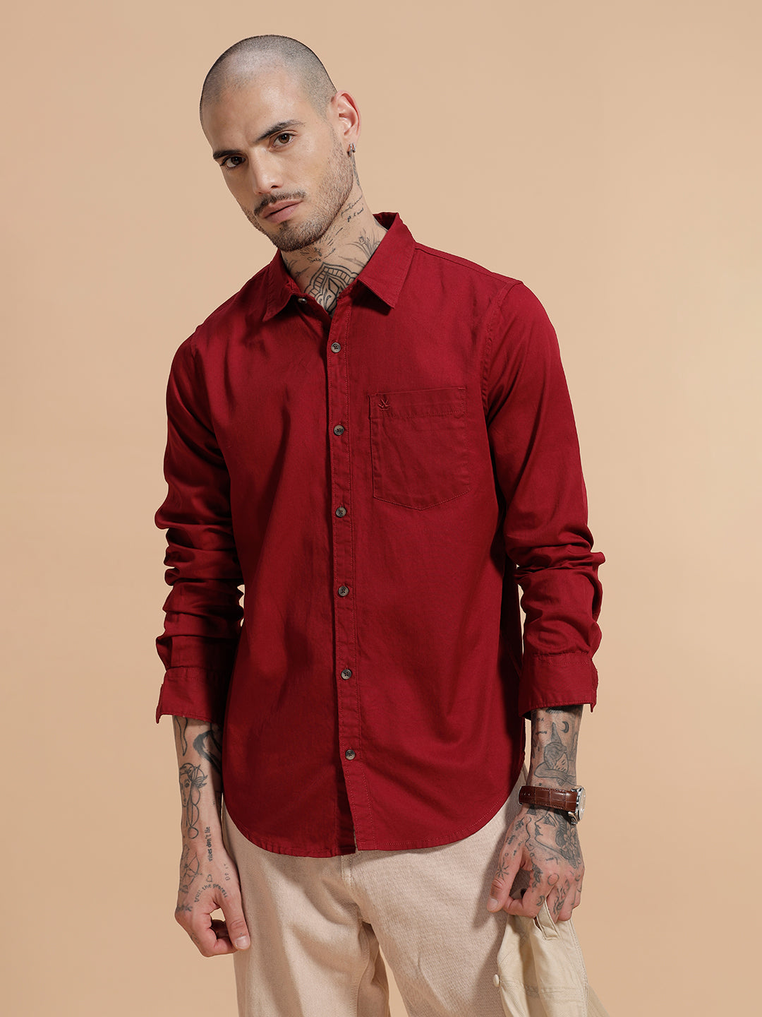 Solid Full Sleeve Cotton Shirt | Red