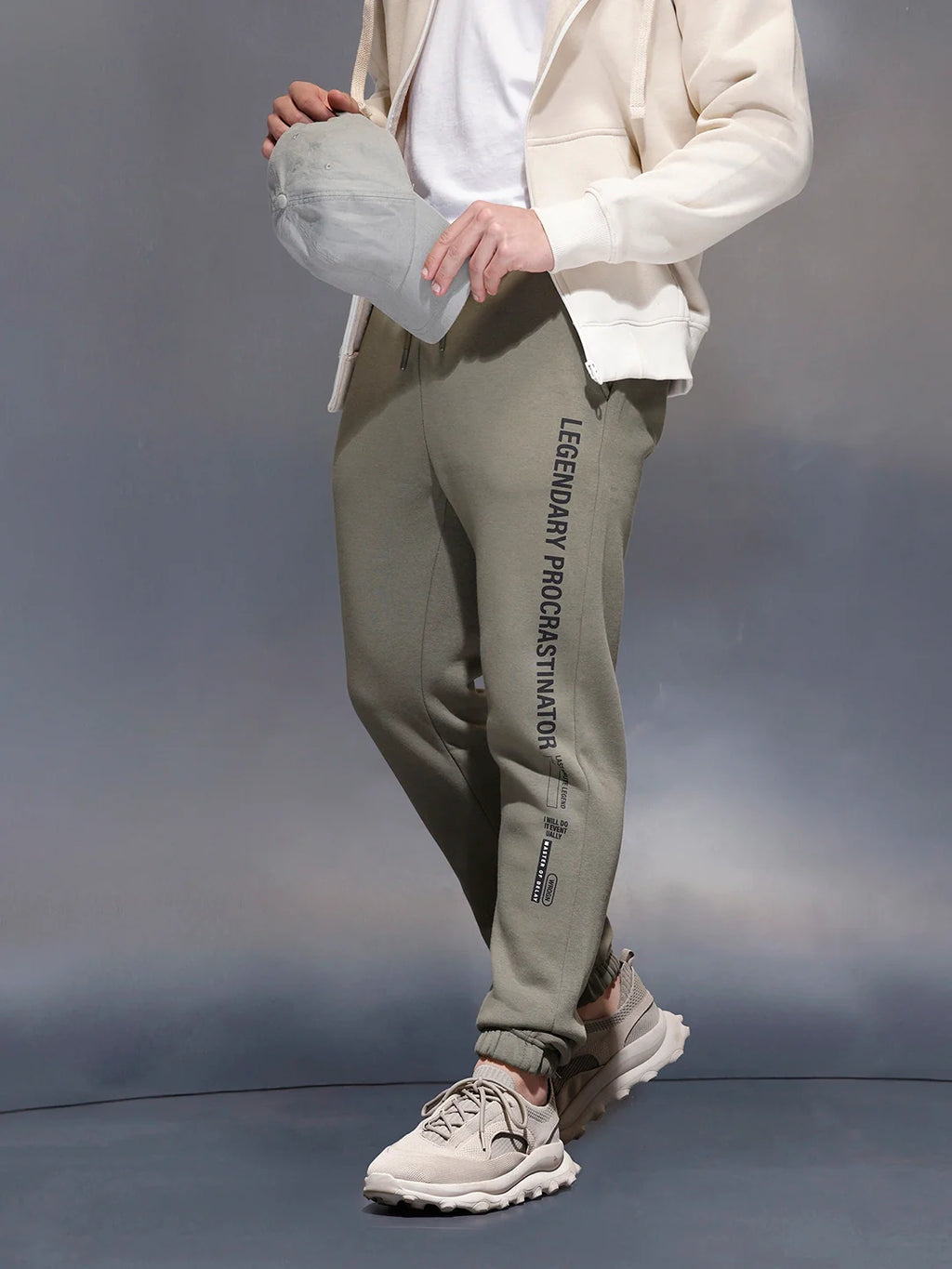 Men's casual slim fit jogger with typographic print design | Olive