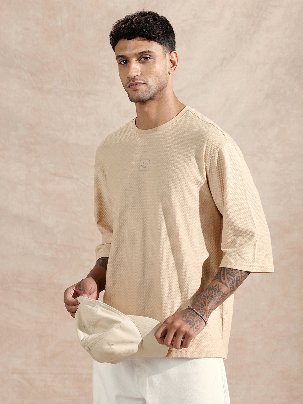 3/4th Sleeve Textured T-Shirt | Beige