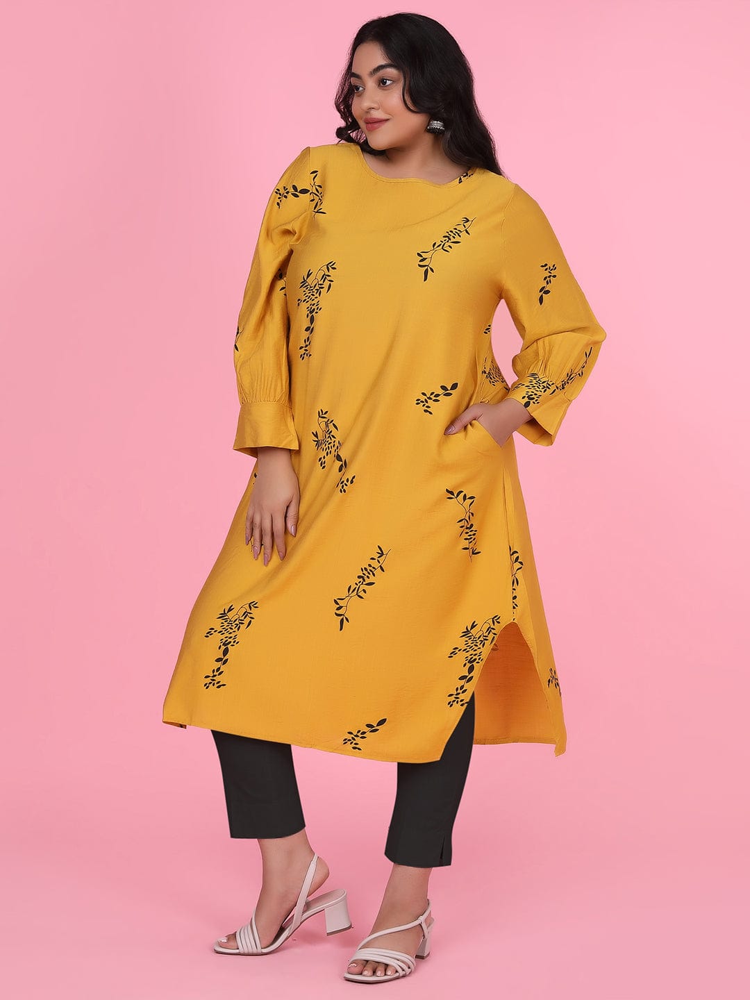 Women's Floral Straight Mustard Kurta