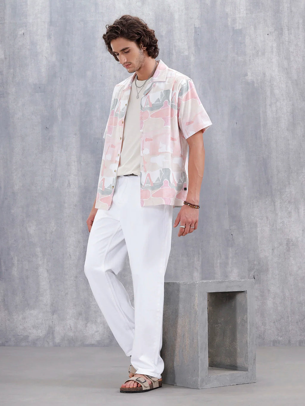Abstract Aop Printed Comfort Fit Resort Collar Shirt | Pink