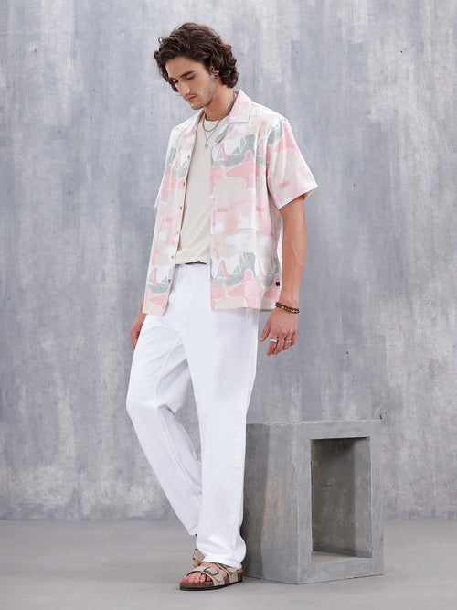 Abstract Aop Printed Comfort Fit Resort Collar Shirt | Pink