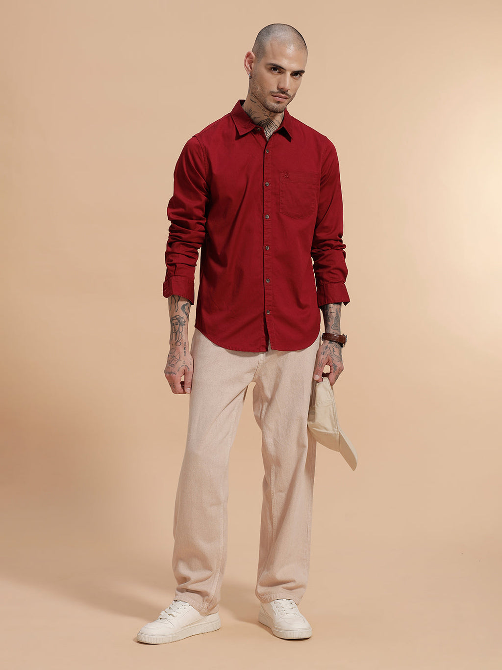 Solid Full Sleeve Cotton Shirt | Red