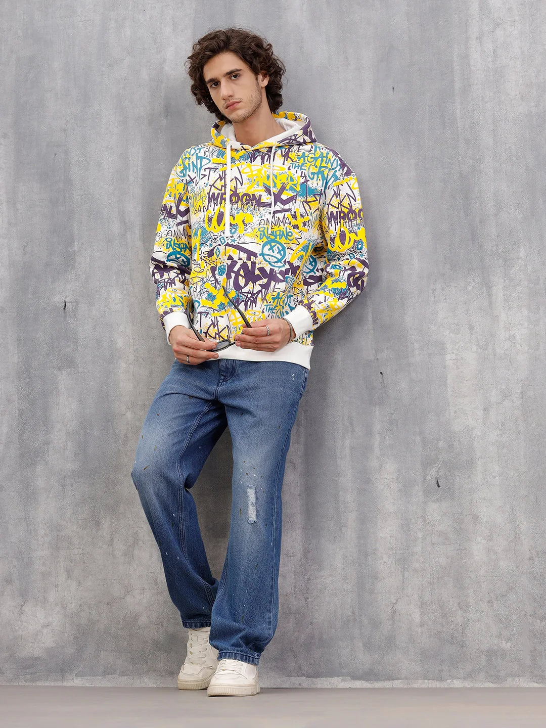 All Over Graffiti Print In Oversized Hoodie Pullover  |  Yellow