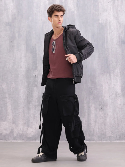 Casual Street Look Black Hooded Bomber Jacket For Men | Black