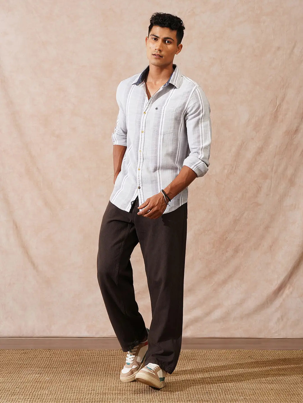 Casual Striped Herringbone Shirt | Grey