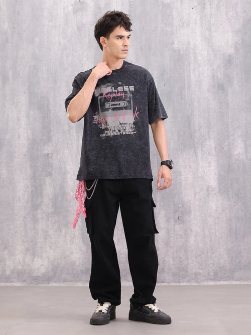Acid Wash Graphic Printed Oversized Fit T-Shirt | Black