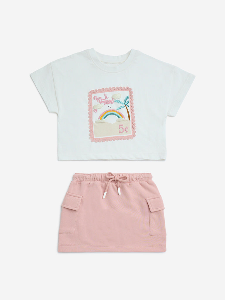 HOP Kids White Printed Cotton T-Shirt and Skirt Set