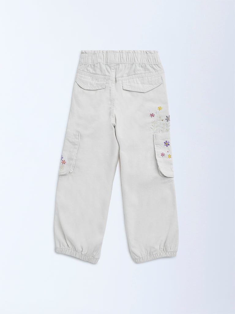 HOP Kids Off-White Embroidered Mid-Rise Cotton Joggers