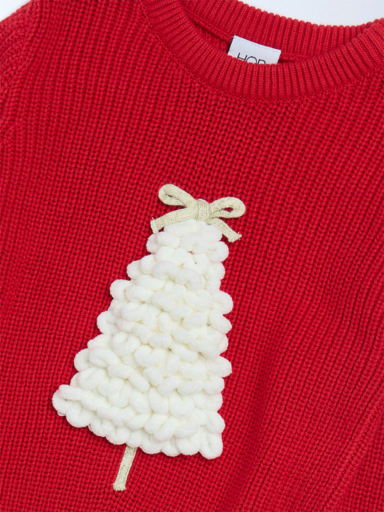 HOP Kids Red Christmas Tree Applique Cotton Sweater