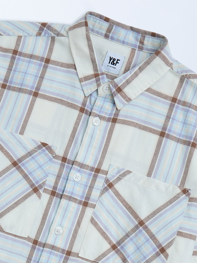 Y&F Kids Off-White Checks Patterned Cotton Shirt