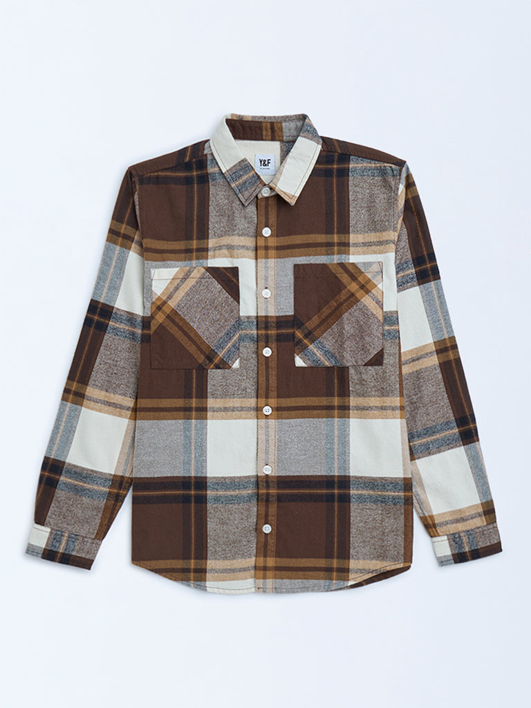 Y&F Kids Brown Checks Printed Cotton Shirt