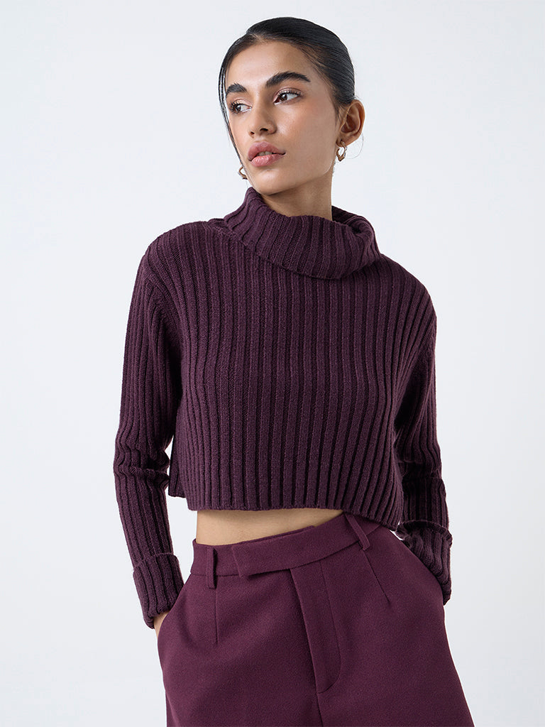 Nuon Plum Self-Striped Turtle-Neck Sweater