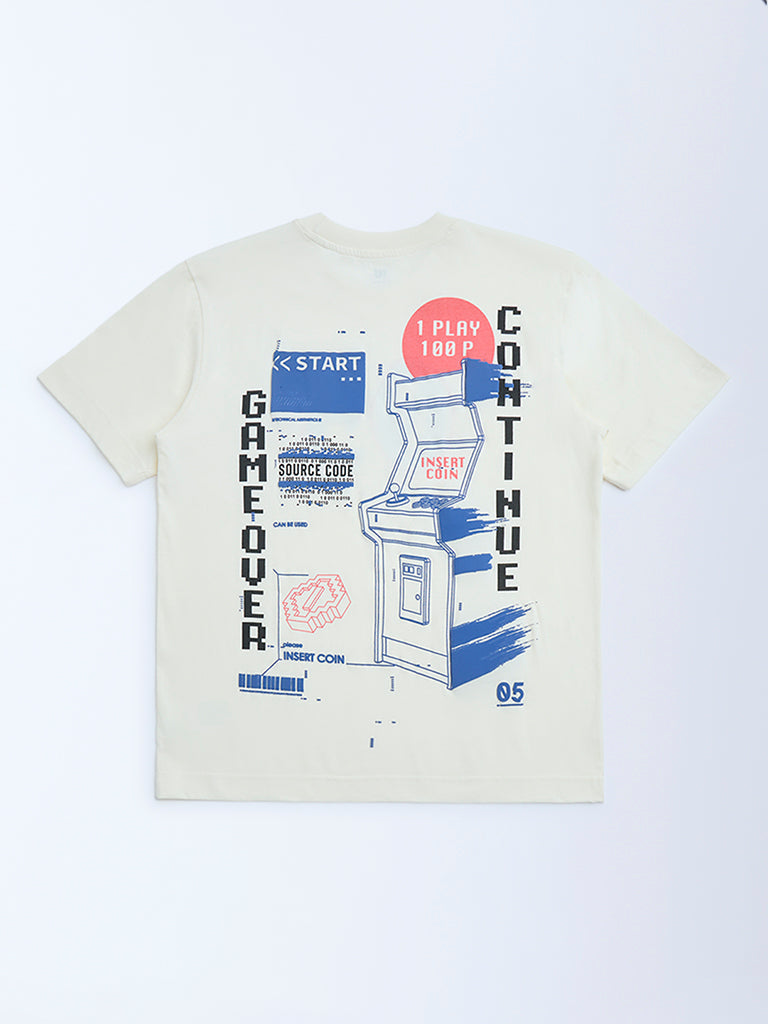 Y&F Kids Off-White Printed Cotton T-Shirt