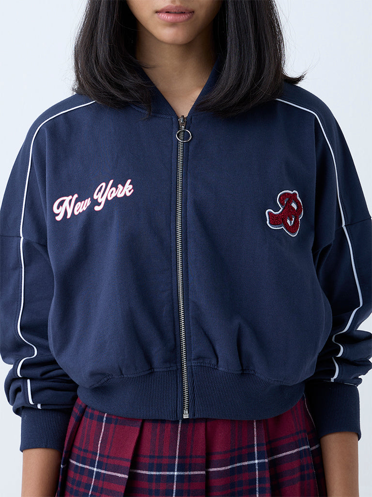 Nuon Navy Text Printed Cotton Jacket