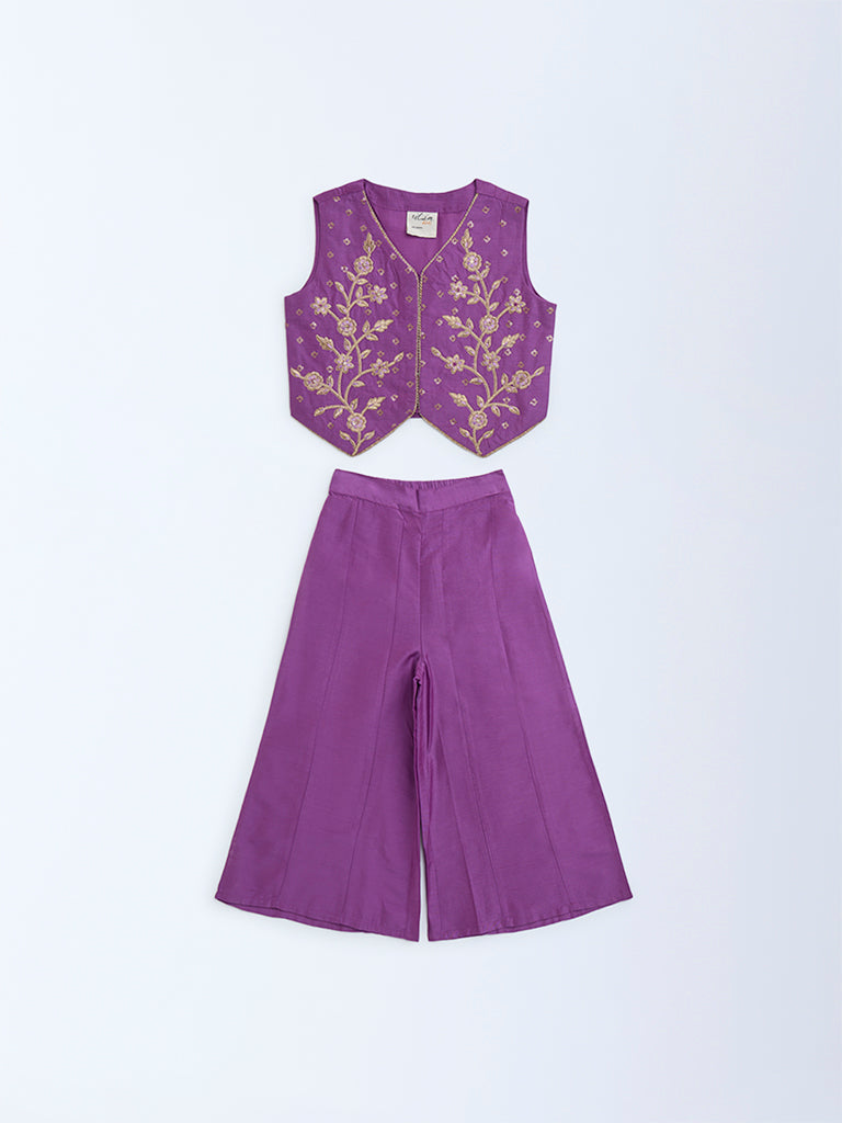 Utsa Kids Purple Floral Embroidered Ethnic Set - (2-8yrs)