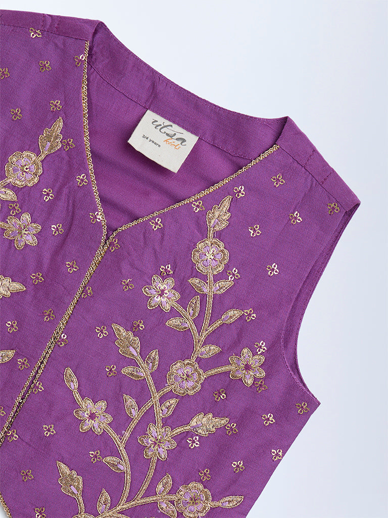 Utsa Kids Purple Floral Embroidered Ethnic Set - (2-8yrs)
