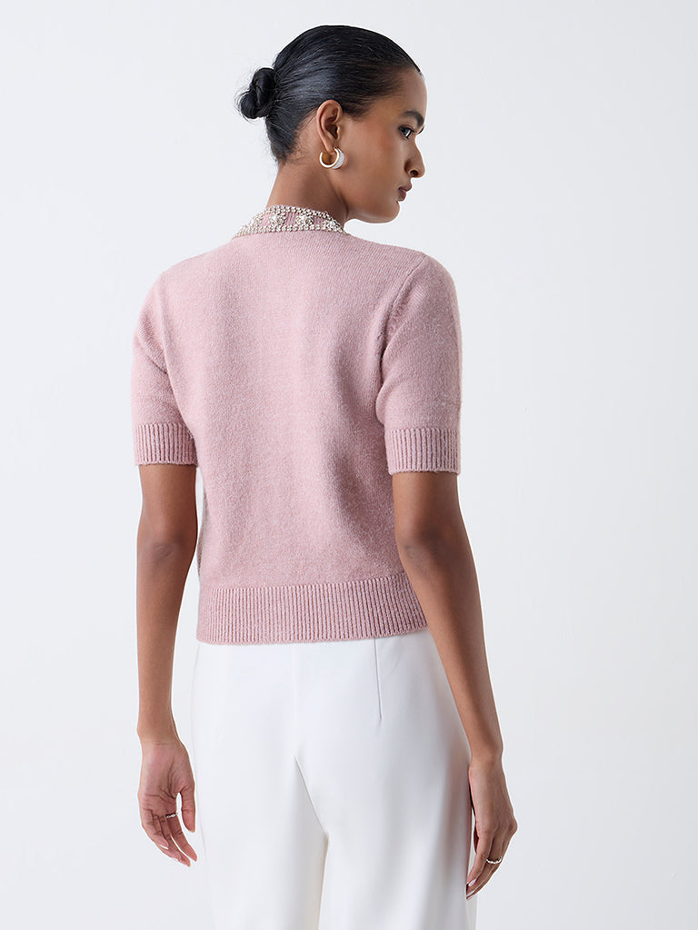 Wardrobe Dusty Pink Embellished Knitted Cardigan