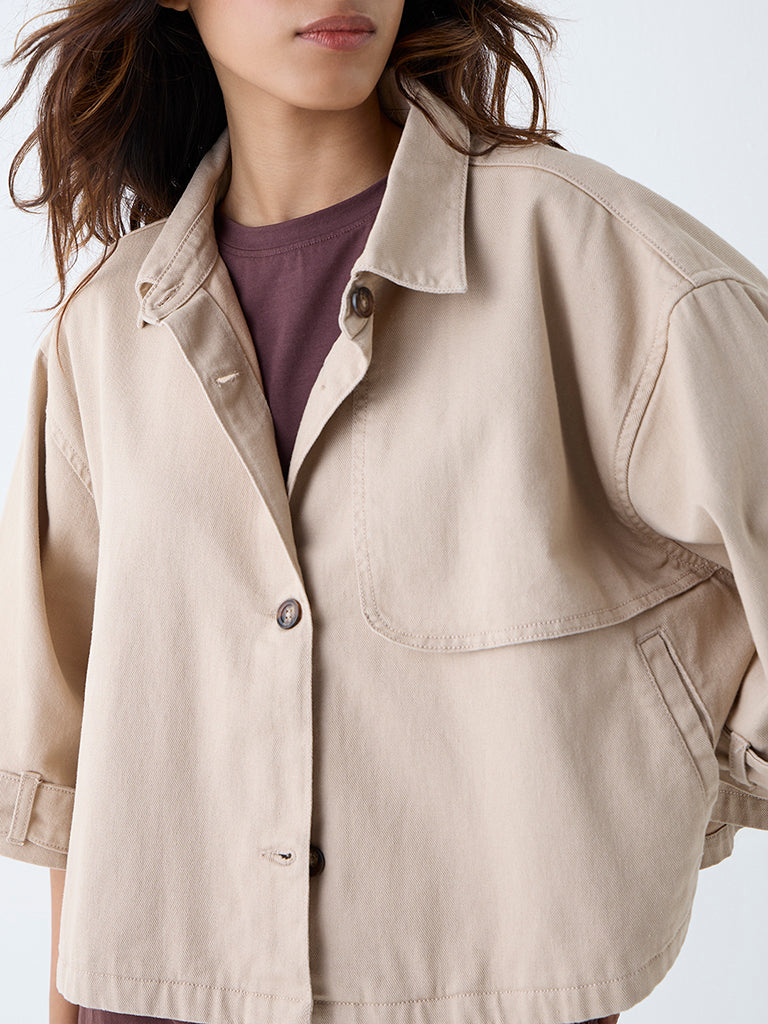 LOV Beige Solid Denim Jacket