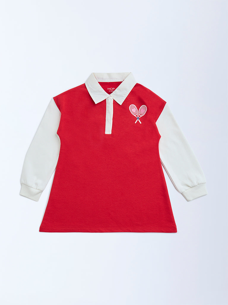HOP Kids Red Embroidered Cotton-Blend T-Shirt Dress