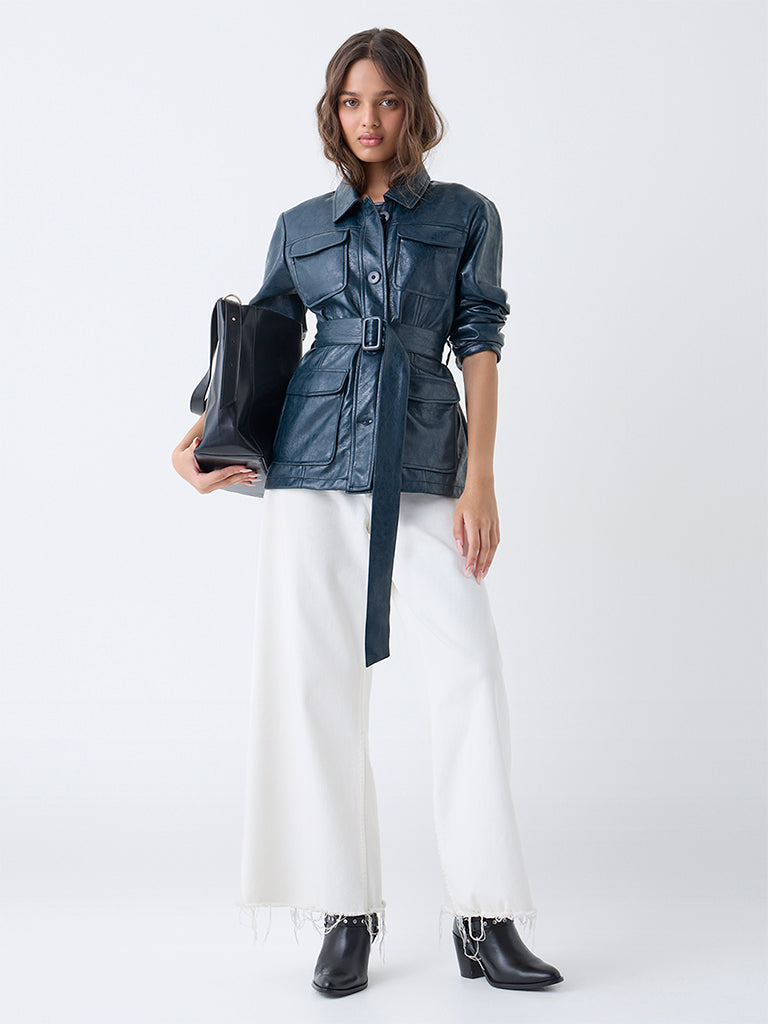 LOV Teal Faux Leather Jacket with Belt