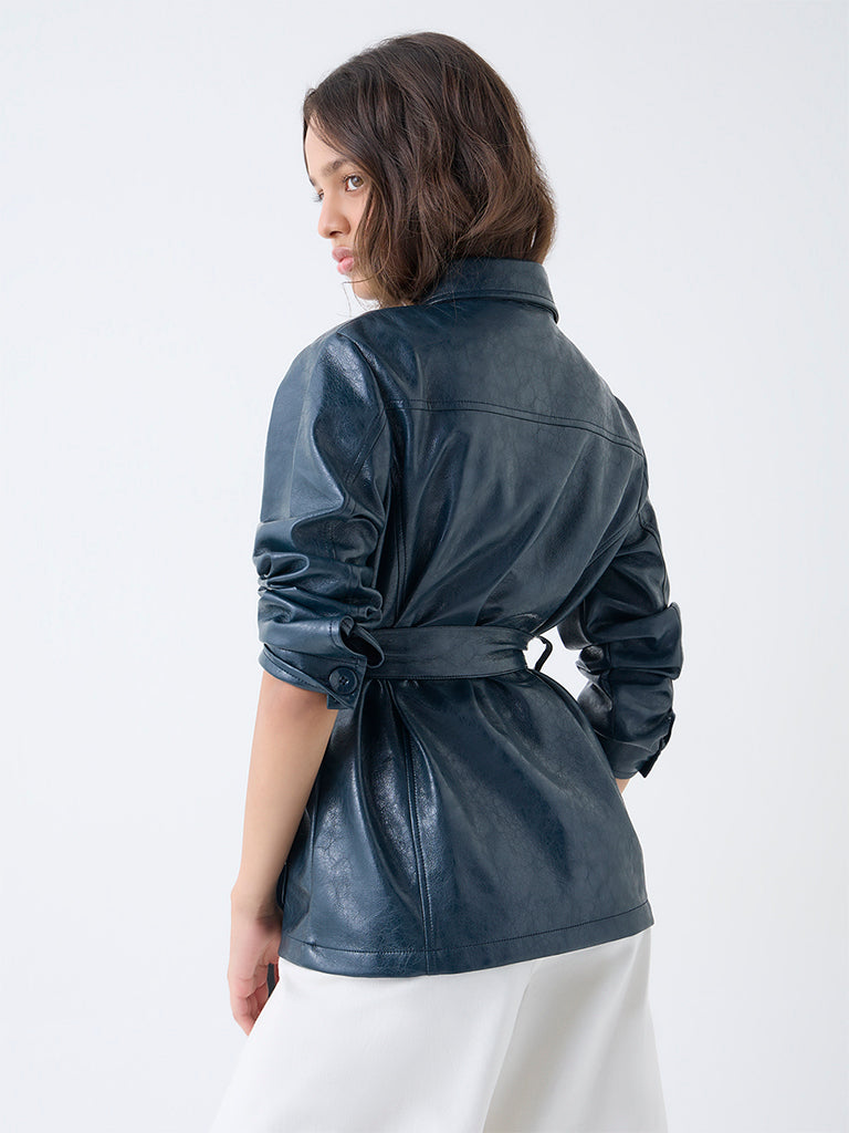 LOV Teal Faux Leather Jacket with Belt