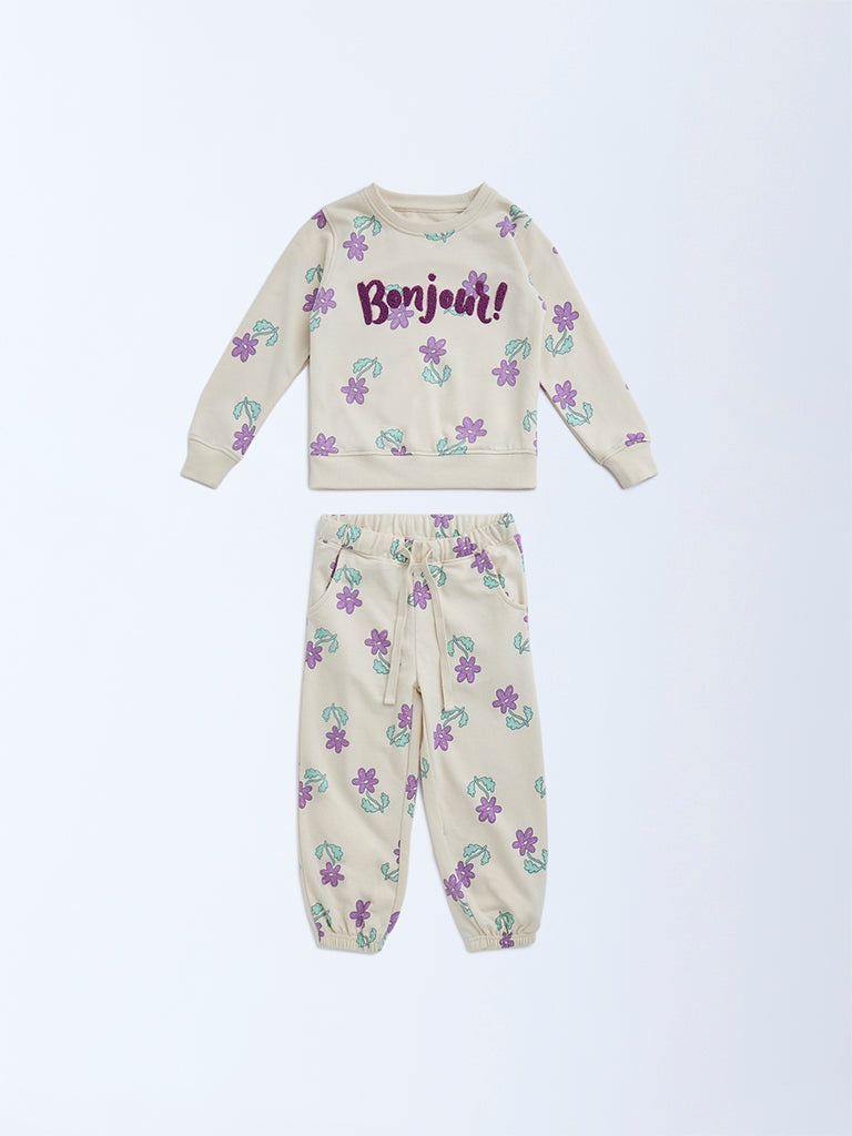 HOP Kids Beige Floral Cotton-Blend Sweatshirt with Joggers Set