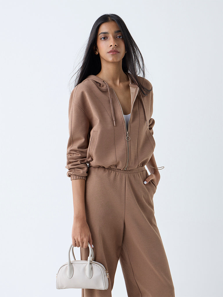 Studiofit Brown Solid Hooded Jacket