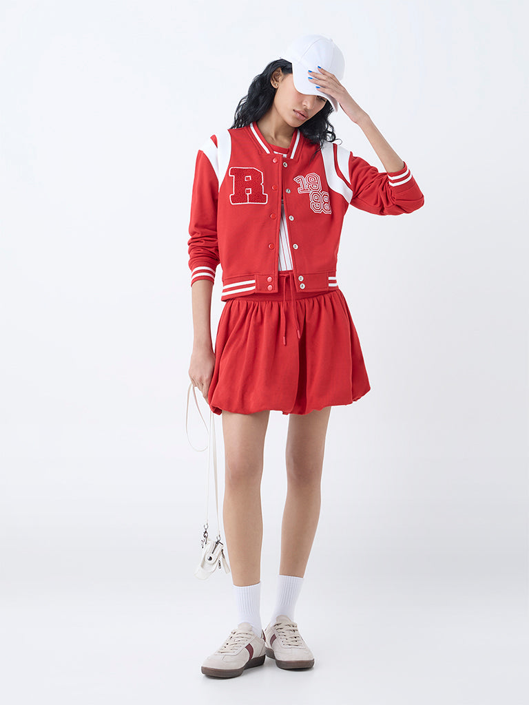 Studiofit Red Typographic Cotton-Blend Varsity Jacket