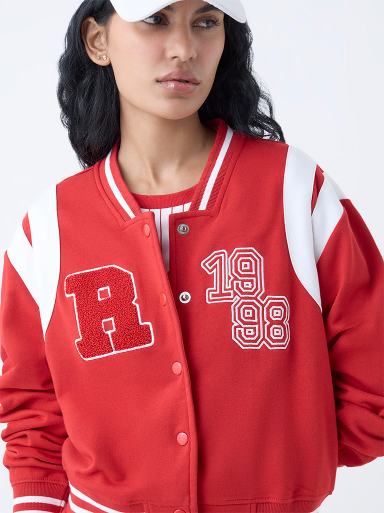 Studiofit Red Typographic Cotton-Blend Varsity Jacket