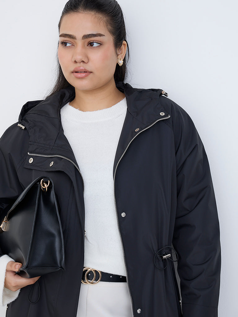 Gia Black Solid Hooded Long Coat