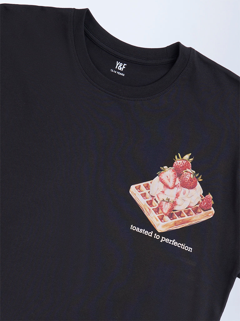 Y&F Kids Black Printed Cotton T-Shirt