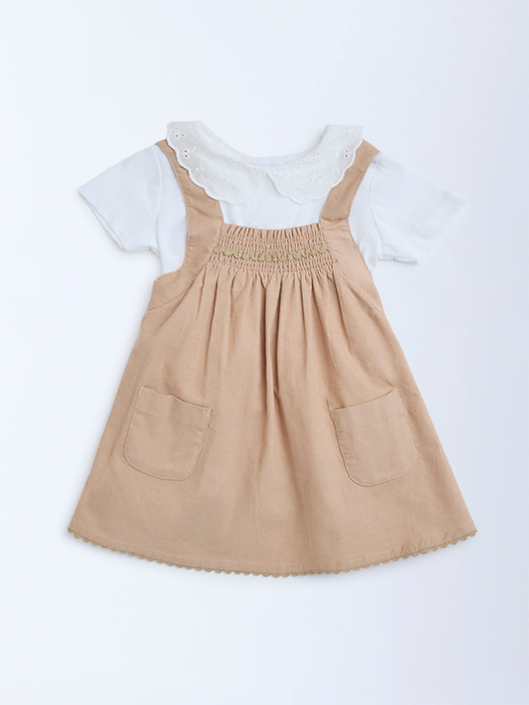 HOP Baby Tan Embroidered Cotton T-Shirt and Pinafore Set