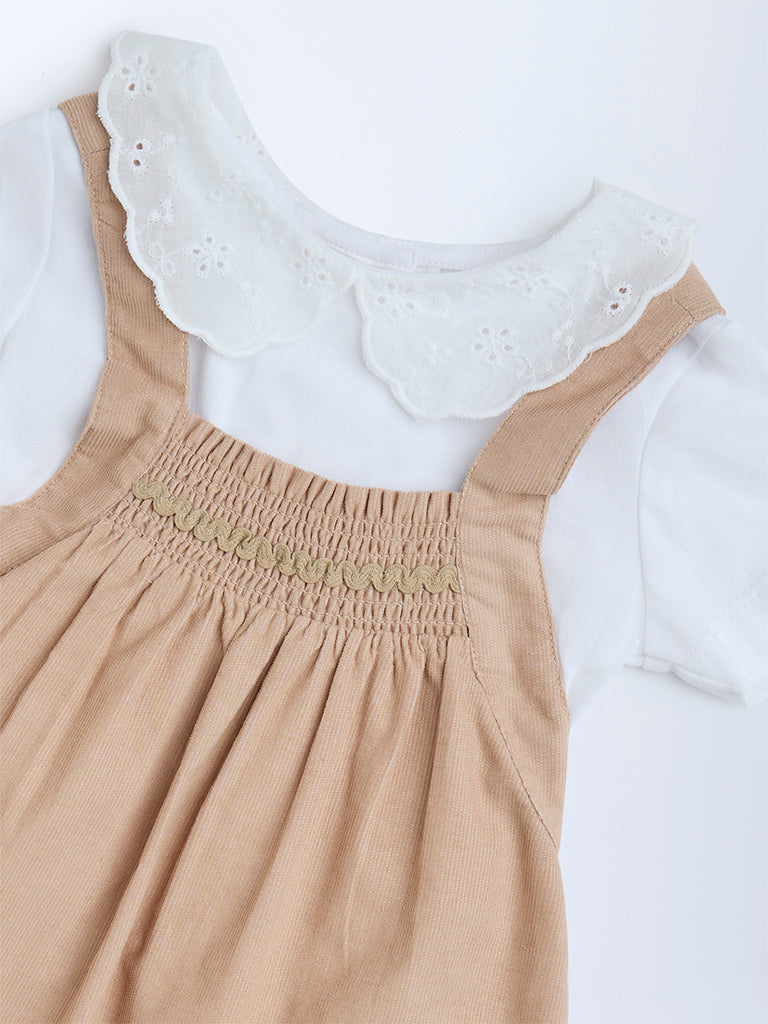 HOP Baby Tan Embroidered Cotton T-Shirt and Pinafore Set