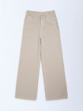 Y&F Kids Beige Solid Relaxed-Fit Mid-Rise Jeans