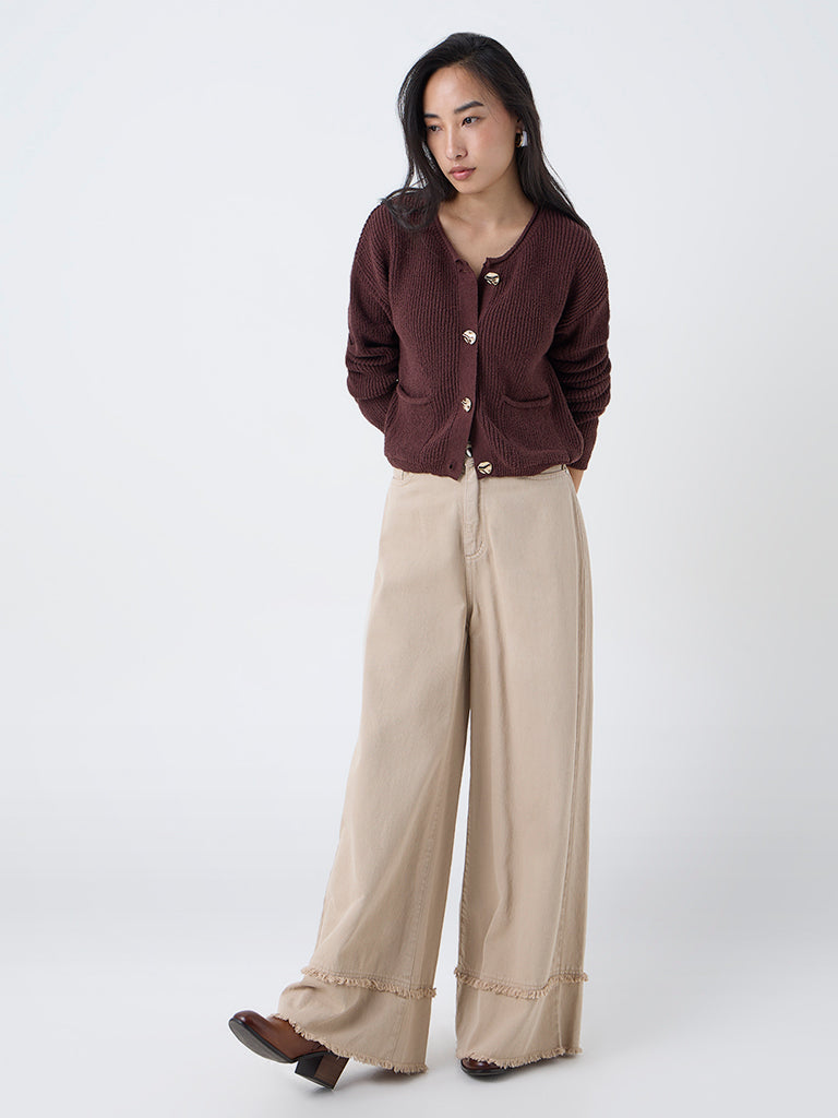 LOV Dark Brown Knitted Cotton-Blend Cardigan