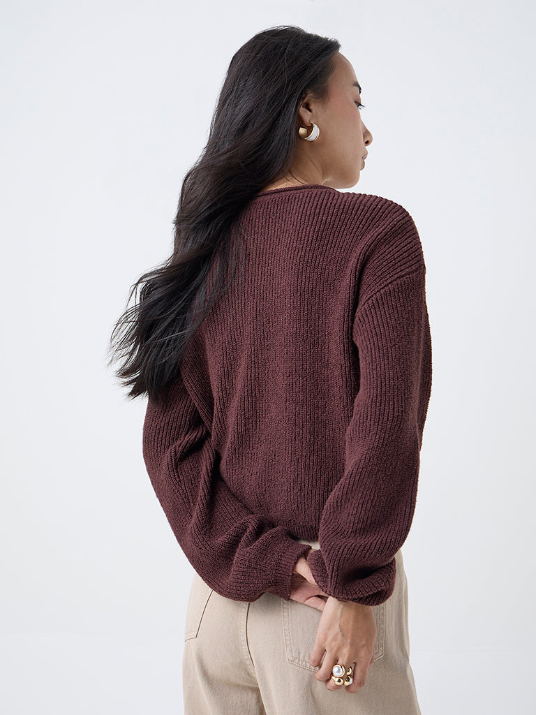 LOV Dark Brown Knitted Cotton-Blend Cardigan