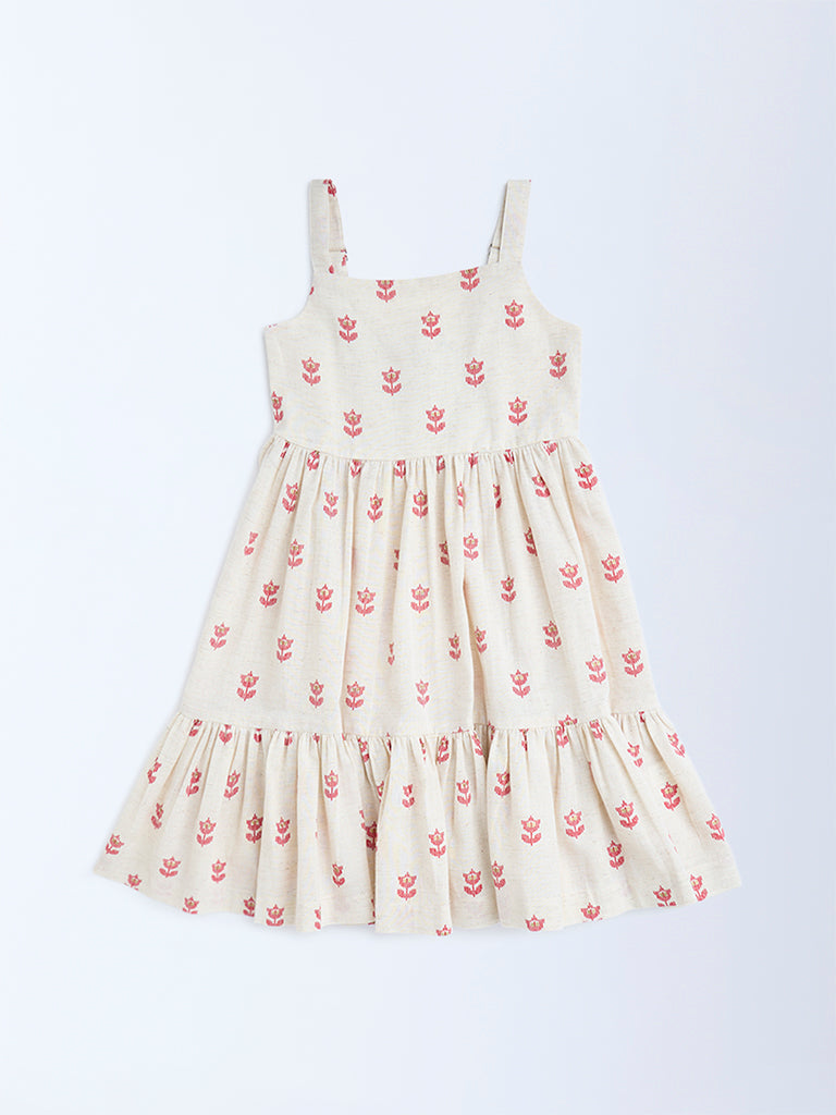 Utsa Kids Off-White Jamdani Floral Cotton-Blend Tiered Dress - (2-8yrs)