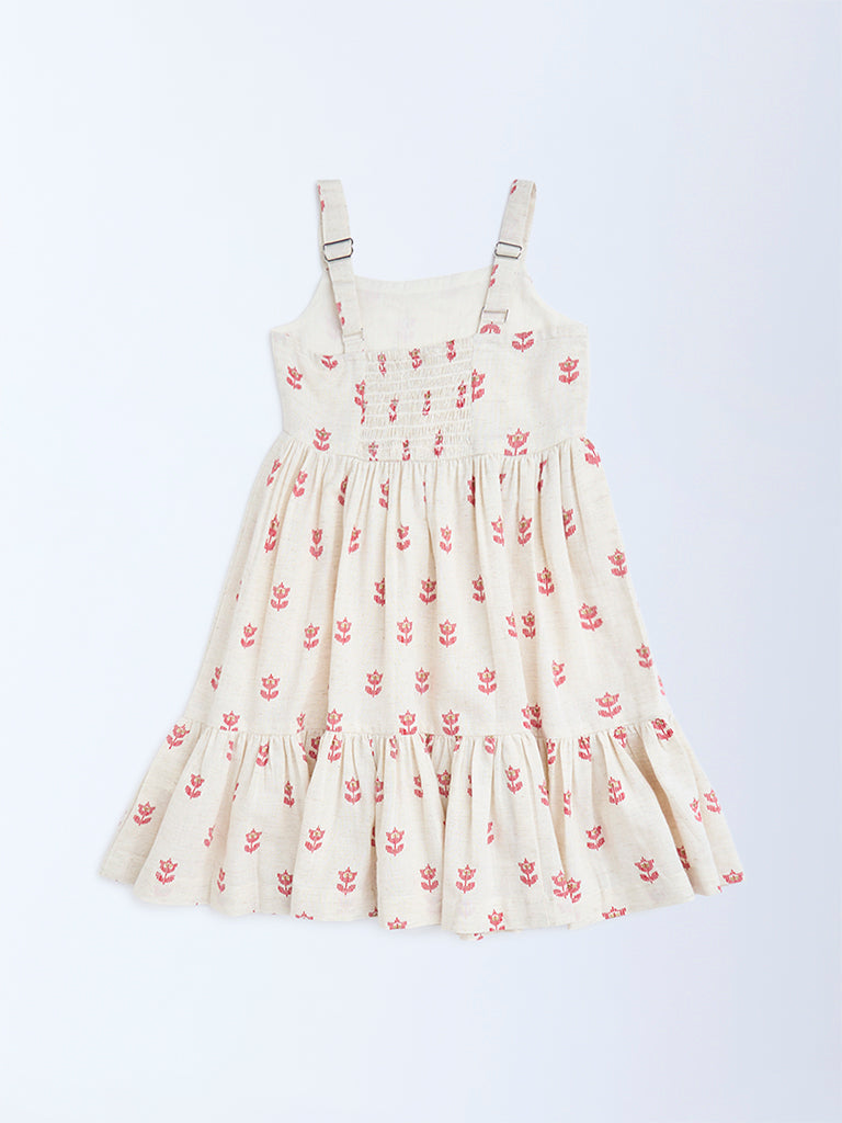 Utsa Kids Off-White Jamdani Floral Cotton-Blend Tiered Dress - (2-8yrs)