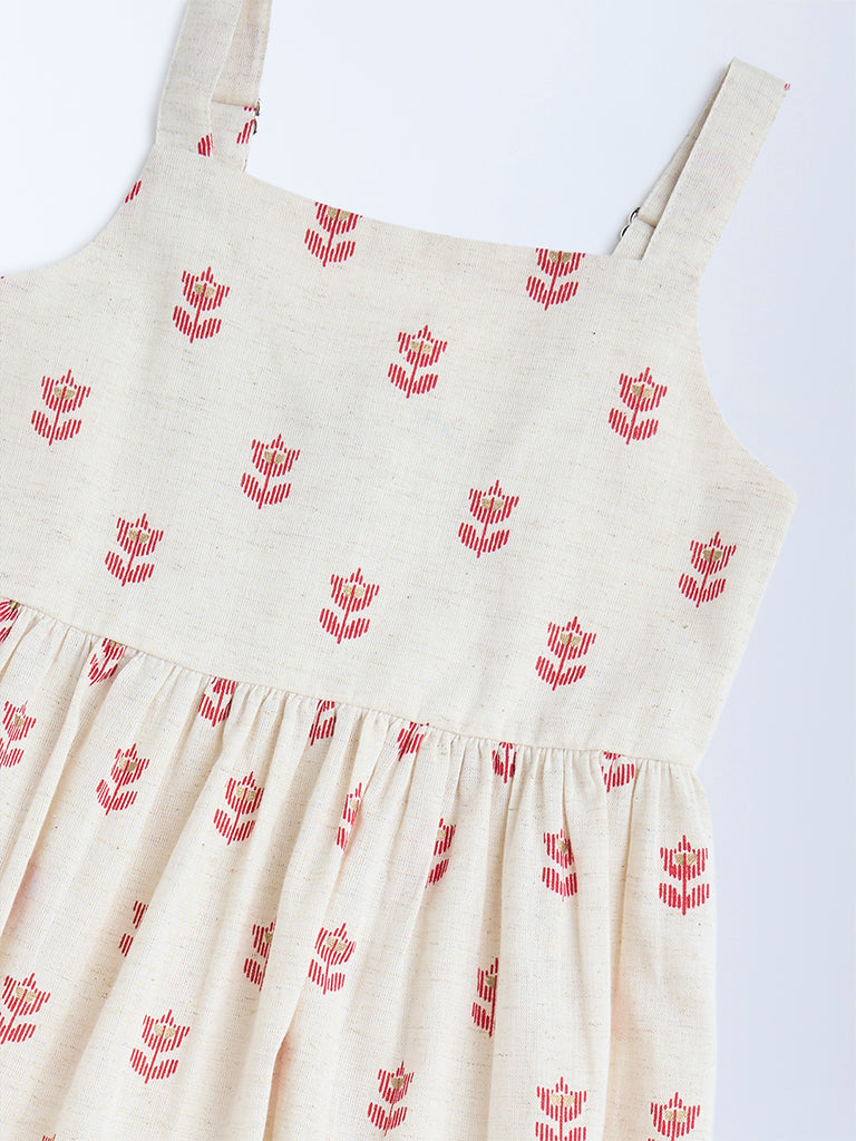 Utsa Kids Off-White Jamdani Floral Cotton-Blend Tiered Dress - (2-8yrs)