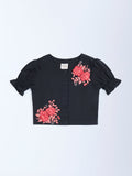 Utsa Kids Black Floral Embroidered Cotton-Blend Top - (2-8yrs)