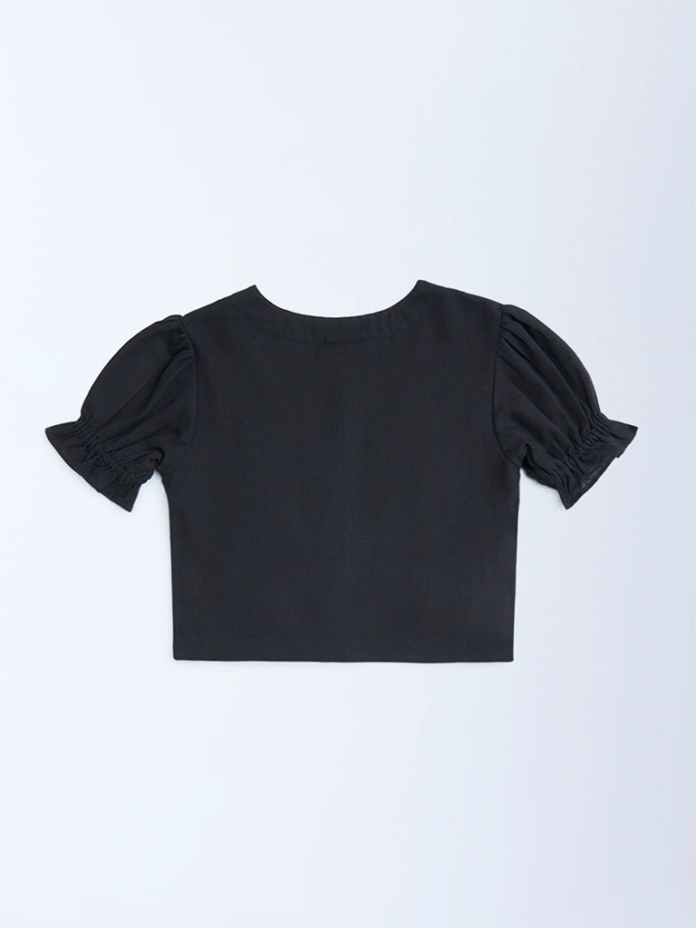 Utsa Kids Black Floral Embroidered Cotton-Blend Top - (2-8yrs)