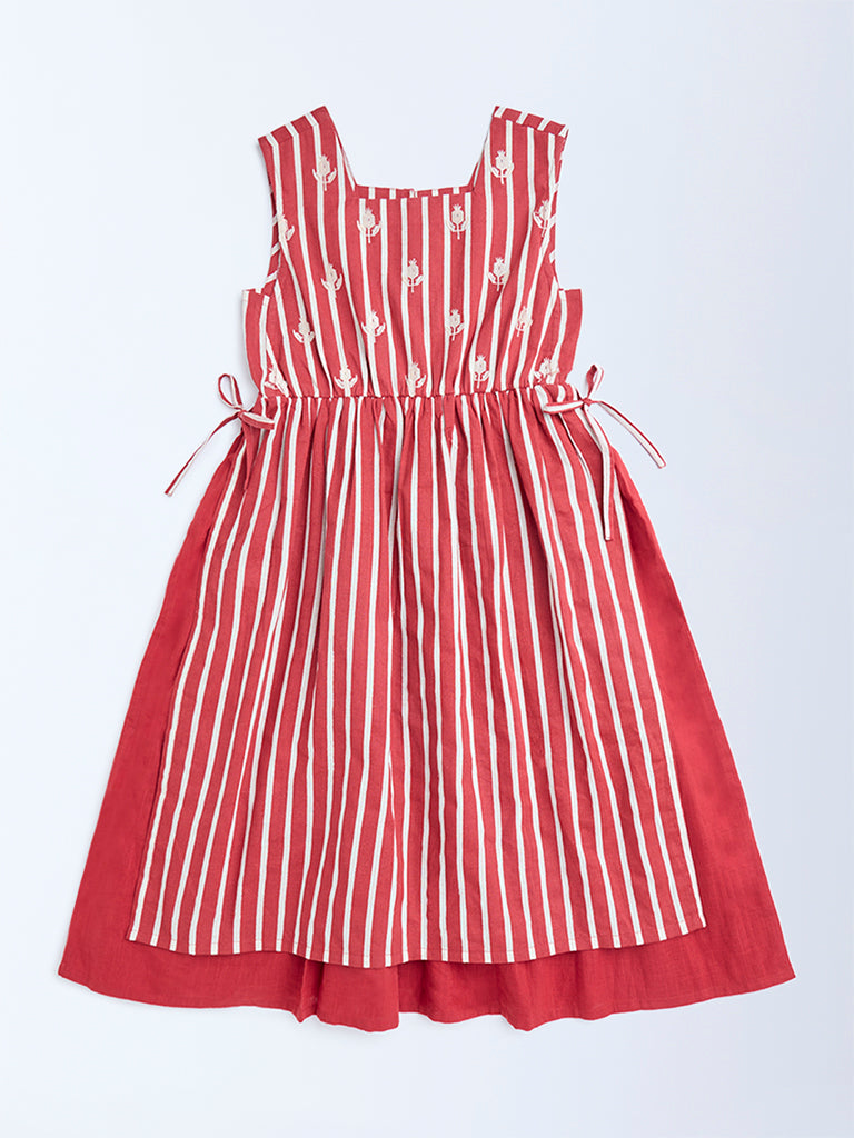 Utsa Kids Red Striped Cotton-Blend A-Line Dress - (8-14yrs)